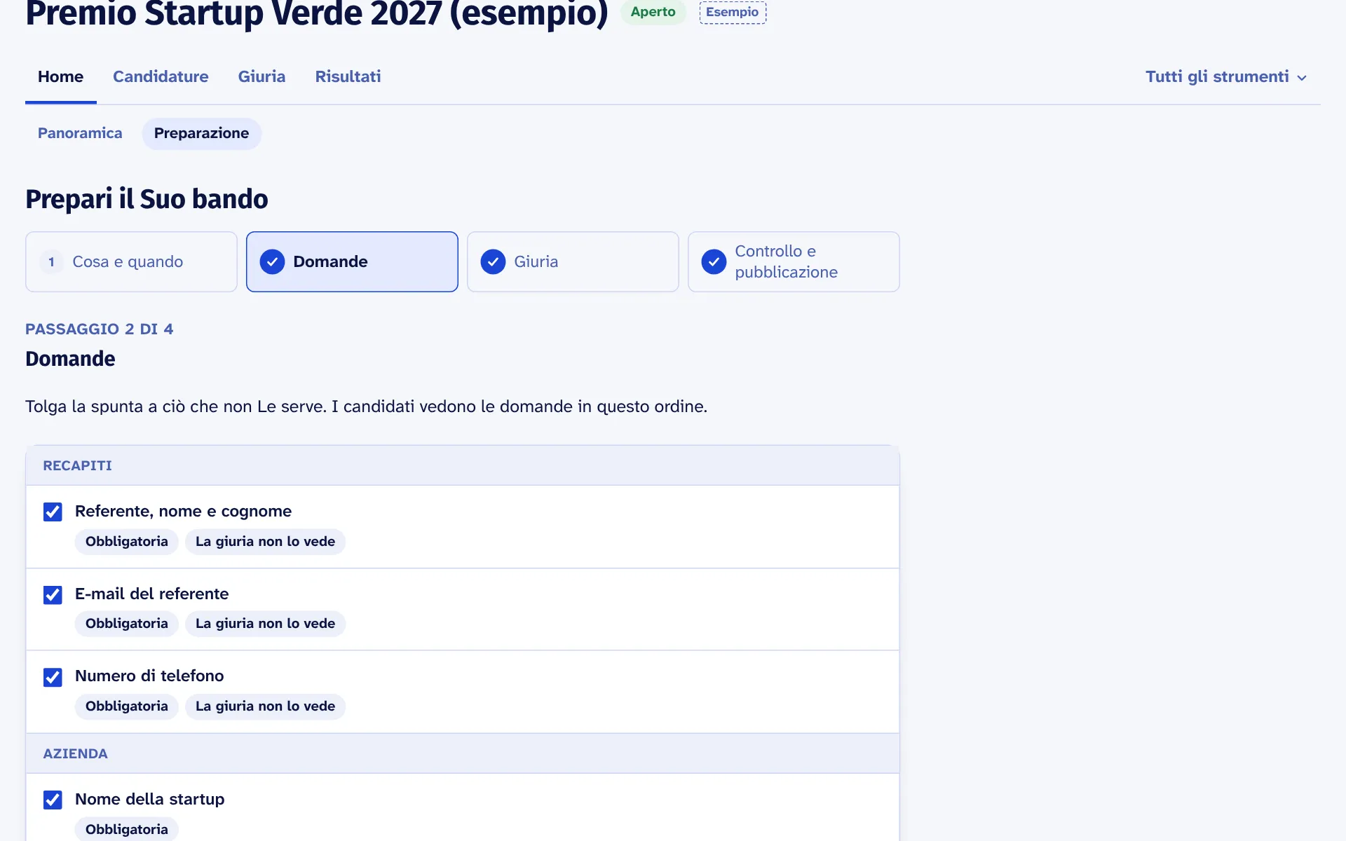Organizzatore, passaggio 1: Prepari il bando